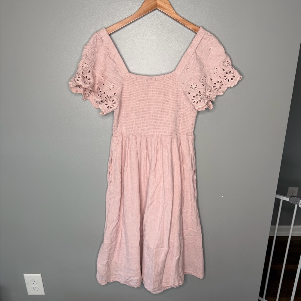 Madewell Linen-Blend Eyelet-Sleeve Lucie Smocked Midi Dress - Wisteria Dove - Picture 5 of 13